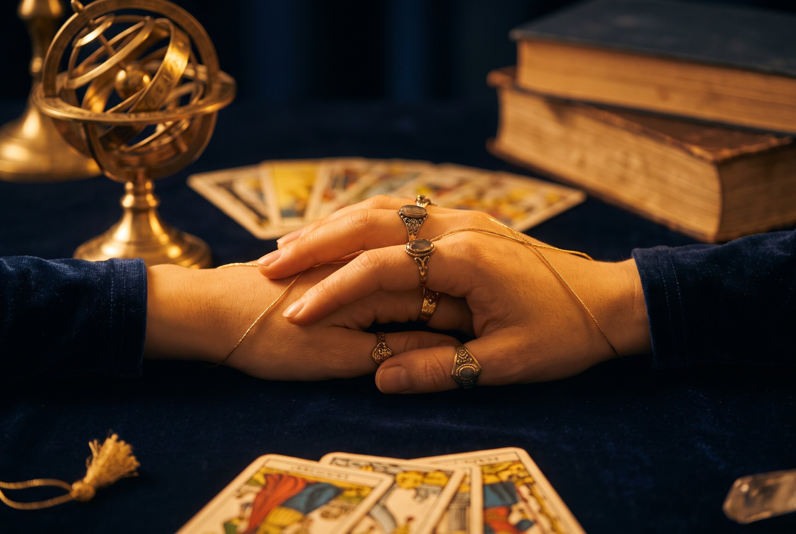 Des mains jointes dans une lumière douce de bougie, évoquant un lien spirituel apaisé